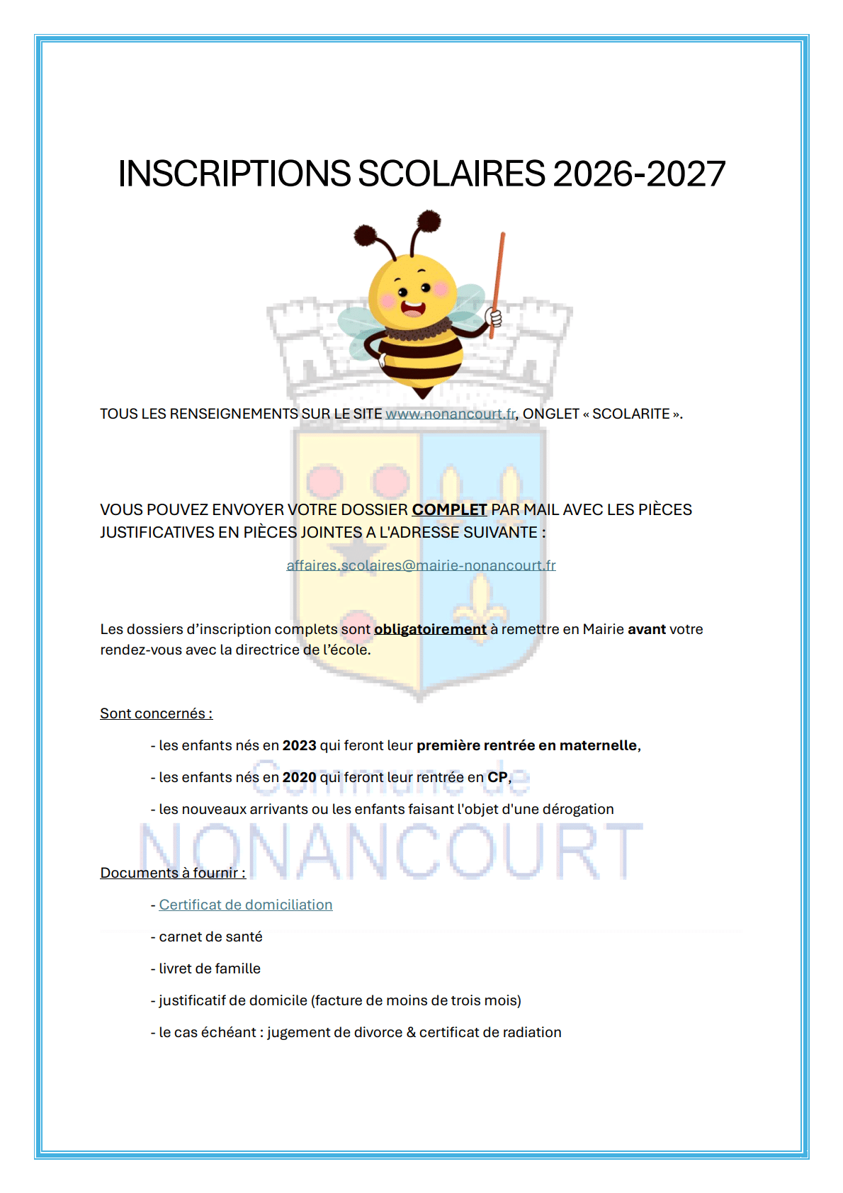 Inscription scolaire 2026 2027